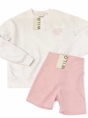 NWT Wilo The Label Crewneck Sweater Biker Shorts Set White Pink Medium